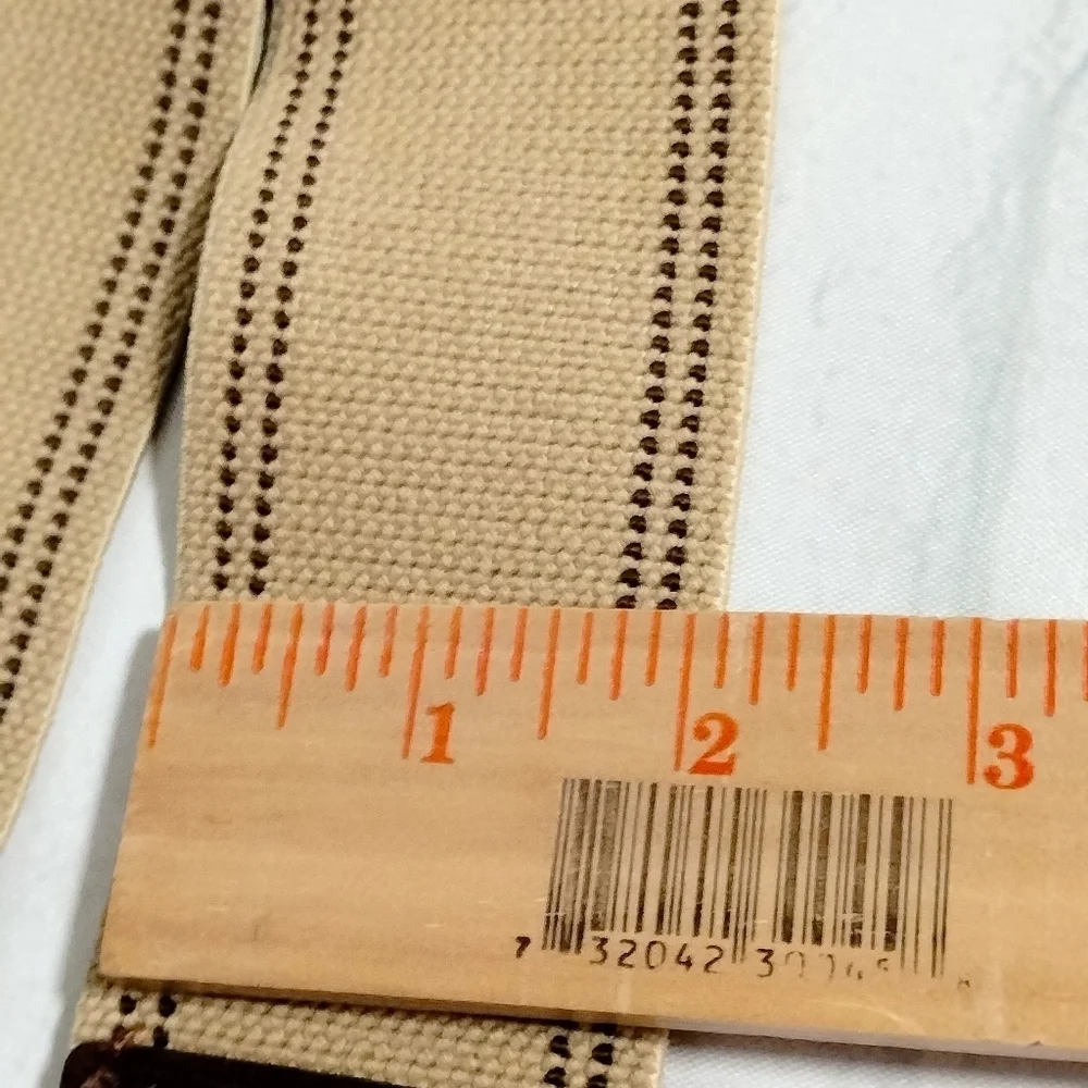 FOSSIL Leather & Tan Fabric Belt Interlock Brass Hook Stretch Women’s Chevron